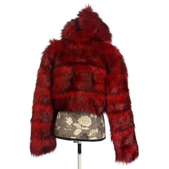 FASHION Red Faux Fur Hooded Long Sleeve Cropped Coat Plush Jacket Womens 2XL - Picture 3 of 6